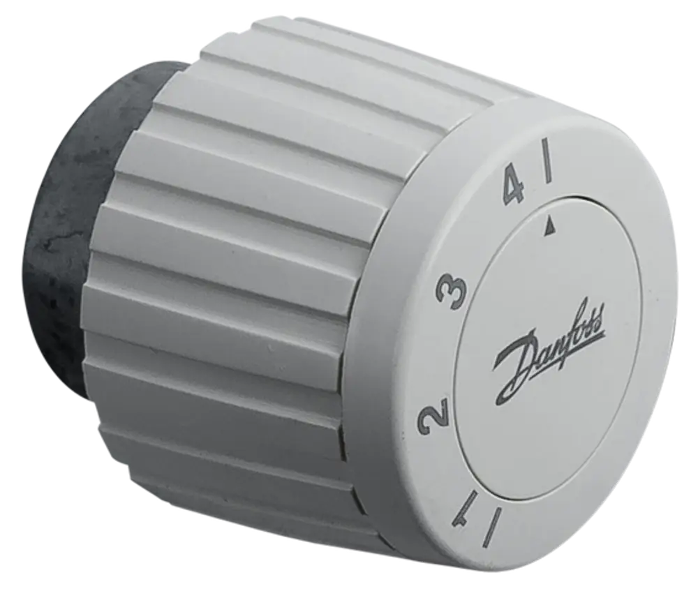 Weißer Thermostatregler mit Ziffern von 1 bis 4, bezeichnet mit „Danfoss“, zur Regelung der Temperatur in Heizsystemen von Wolf.